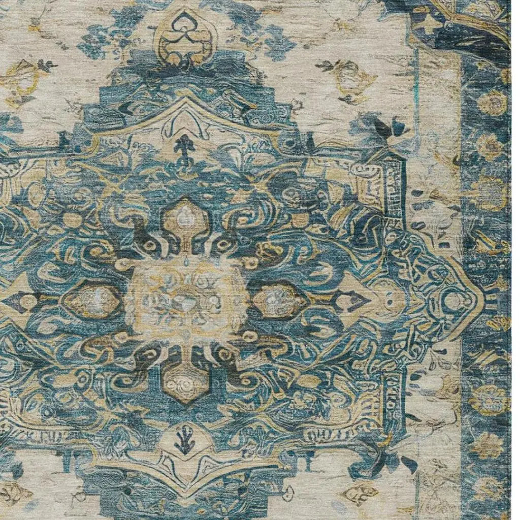 3' X 5' Teal Blue And Graphite Floral Medallion Washable Indoor Outdoor Area Rug Homeroots Outdoor